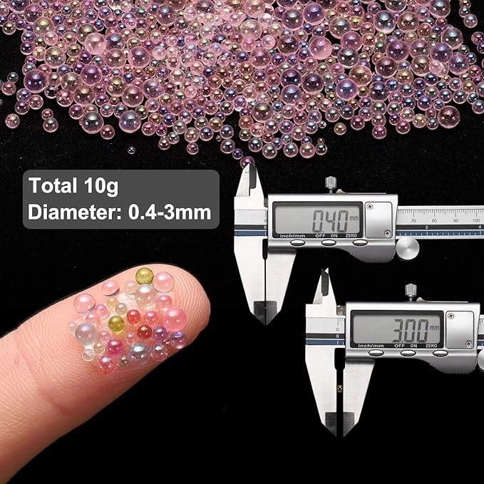 Iridescent Glass Tiny Bubble Beads, 0.4-3mm 10g No Hole Micro Mini Round Light Pink Water Droplets Beads - Applications: for Resin Filler, Nail Art, Dollhouse Bath Tub