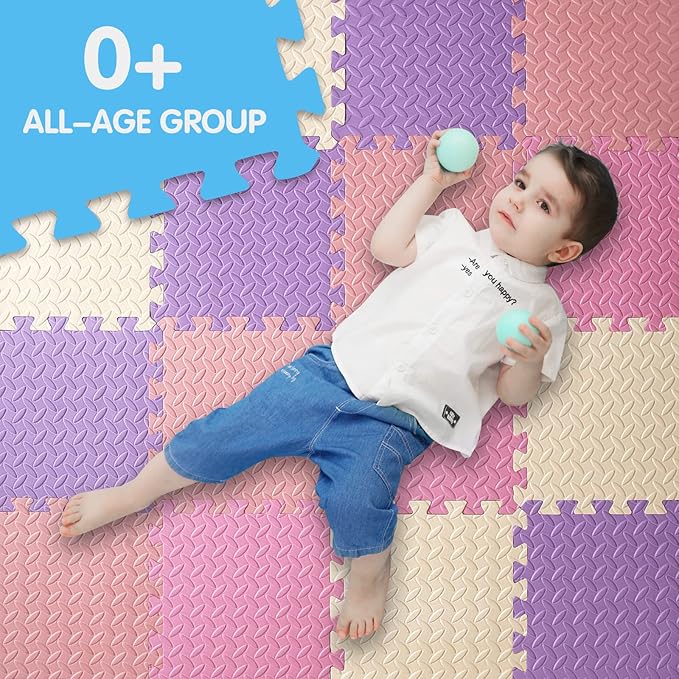 16-Tile Soft & Safe EVA Foam Play Mat for Baby - Square, Solid Colored Kids Puzzle Floor Mat, 47x47 - Purple/Pink/Loli Pink/Beige