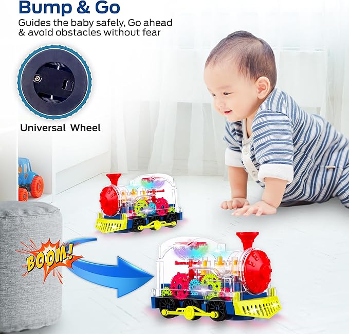 Light up Baby Train Toy - Transparent Gear Musical Train with LED Lights & Music - Educational Sensory Crawling Toys for Infants and Toddlers for Boys & Girls