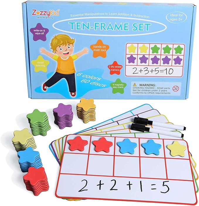 ZazzyKid Magnetic Ten-Frame Set: Math Manipulatives for Classroom Learning Counting Games for Kindergarten Kids - 6 Frames & 60 Star-Shaped Counters - Hands-on or Stick to Whiteboards