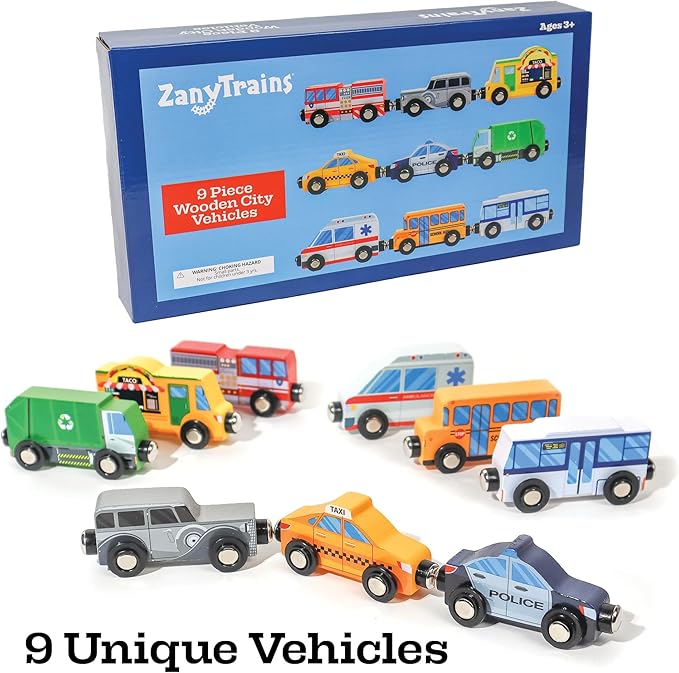 9 Piece Wooden Cars with Magnets - City Vehicles, Emergency Trucks, School Bus, Police, Fire, Ambulance, Taco Truck Toy - Community Helpers Play Set - Zany Trains