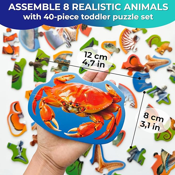 QUOKKA Toddler Puzzles Ages 2-4 - Large Floor Puzzles for Kids 3-5 - 8 Realistic Animal Shapes | Extra Thick Cardboard | Preschool Learning Game - 40 Big Piece Gift for Toddlers 1-3 Years Old