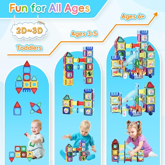 Magnetic Building Tiles, 158 PCS Magnetic Tiles for Kids Ages 3-5, 3D Magnet Building Blocks Set, STEM Learning, Education and Encourage Imagination, Presents for Boys and Girls