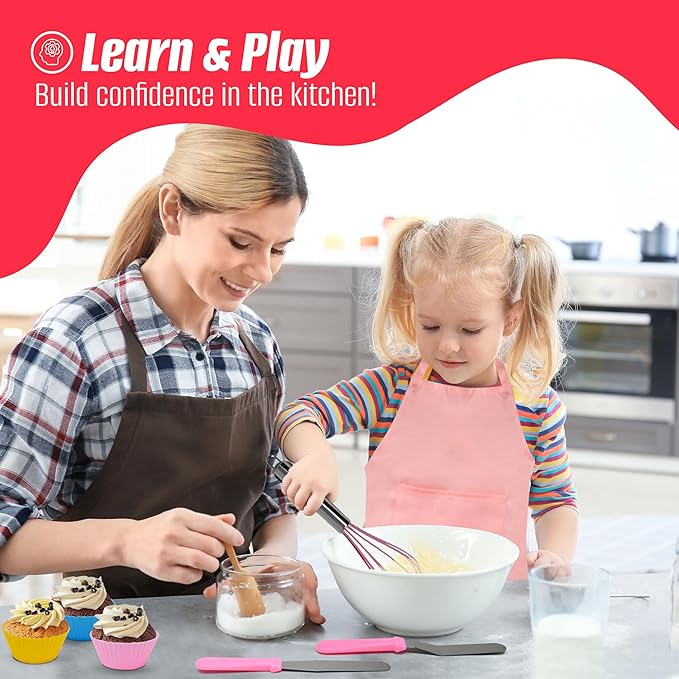 Perlli Kids Cake & Cupcake Baking Set – 51 Pieces Real Utensils & Decorating Kit with Carrier Safe Baking Supplies Gift for Junior Chefs Girls & Boys (Pink)
