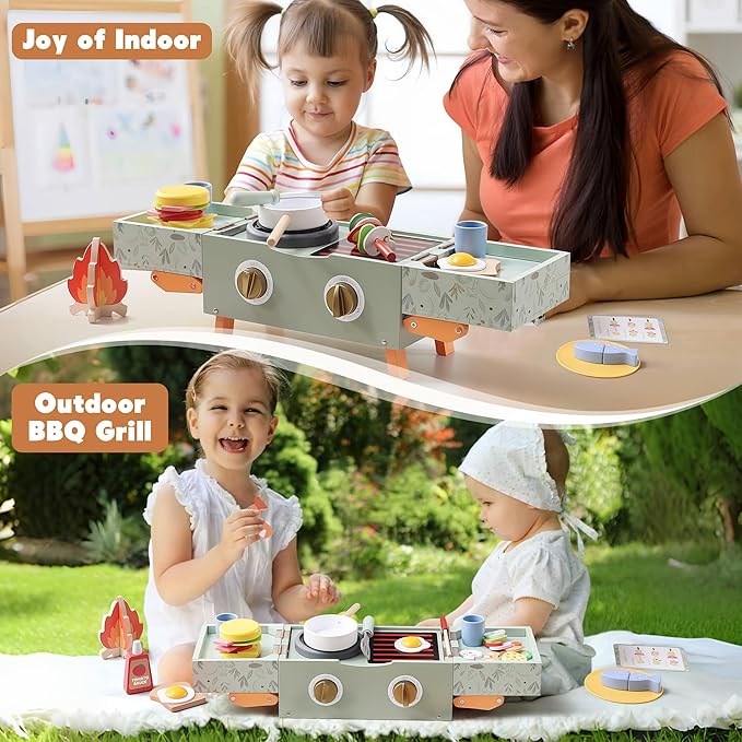 Wooden Kids Grill Playset with Play Kitchen Accessories| Pretend Play Toys for Toddlers 3-5, Cooking BBQ Play Food Toy for 3+ Year Old Boys & Girls, Birthday Gifts for Kids