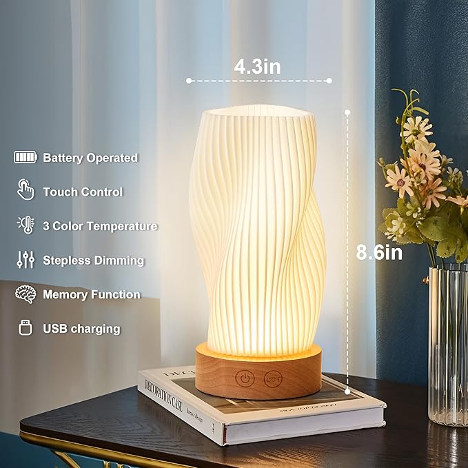 Battery Operated Portable Desk Lamp, Dimmable Cordless LED Table Lamp,3 Colors & Memory Function, Modern Rechargeable Bedside Lighting for Living Room, Bedroom, White, 8.6inch