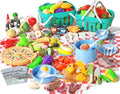 150Pcs Kitchen Playset, Toddlers Pretend Cooking Cookware Accessories, Food, Picnic Blanket, Fruits, Veges, 2Pack Shopping Storage Basket, Dessert and Prop Money, Gift for Kids (Blue)