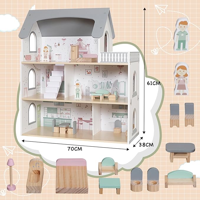 Wooden Dream Playhouse for Girls with Balcony,Doll House for Kids with Furniture,DIY Pretend Play House Toy, Children Dollhouses Toys with 12 PCS Accessories,Birthday Gifts for Boys Girls Ages 3+