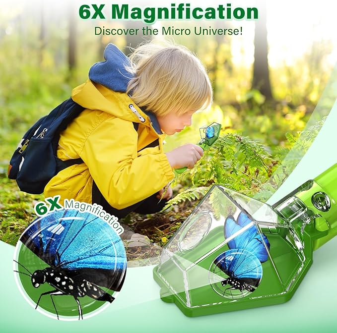 Bug Catcher, Insect Trap Kit with 6X Magnifier, STEM Educational Exploration Toys Gifts for Kids Adult, Catching Ladybugs, Butterflies, Dragonflies, Spider (Green 2PCS)