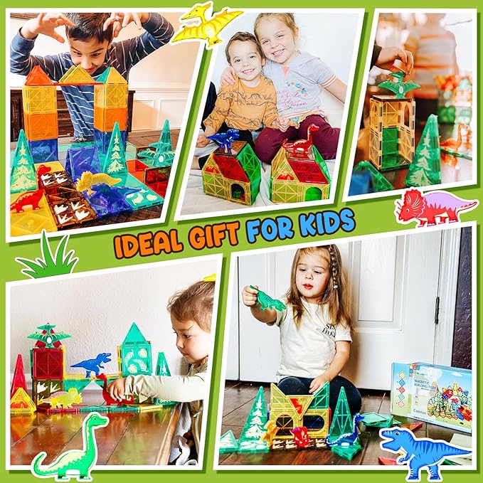 Dinosaur Toys Magnetic Tiles - Magnet Building Blocks for Toddler Kids Toys STEM Sensory Outdoor Toy for 3+ Year Old Boys and Girls, Dinosaur World Creative Games Kids