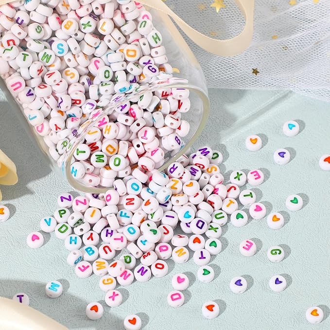 Letter Beads, DECYOOL Acrylic Alphabet Beads with 1 Roll Elastic String for Bracelet Necklace Jewelry Making Supplies (White Colorful)