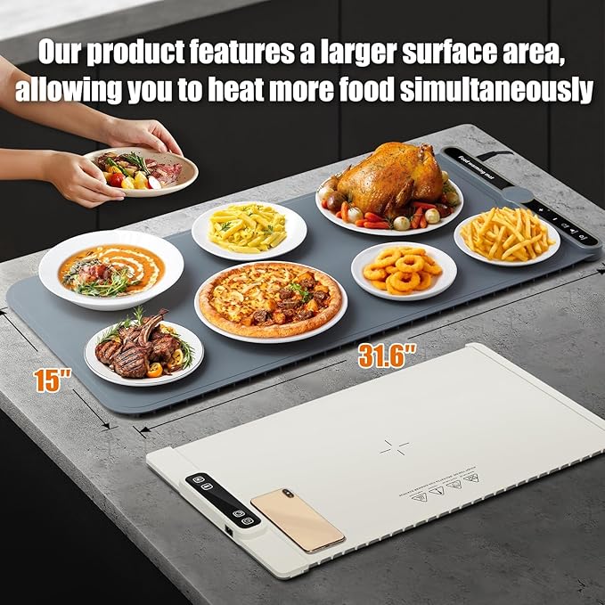 Warming Mat for Food extra large, Silicone Heating Mat For Food, 15"x31.6" Foldable Food Warming Mats for Countertops, Parties, and Daily Use with Timer and 9 Temperature Levels