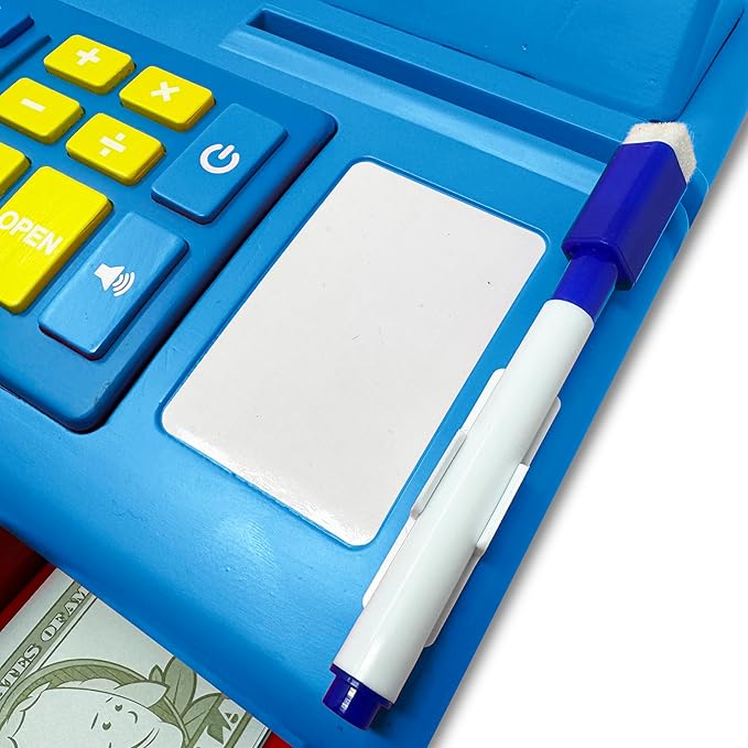 Dr. STEM Toys Solar Powered Calculator Pretend Cash Register with Play Money – 67-Piece Set for Learning Math Skills, STEM Cash Register for Kids (Blue)