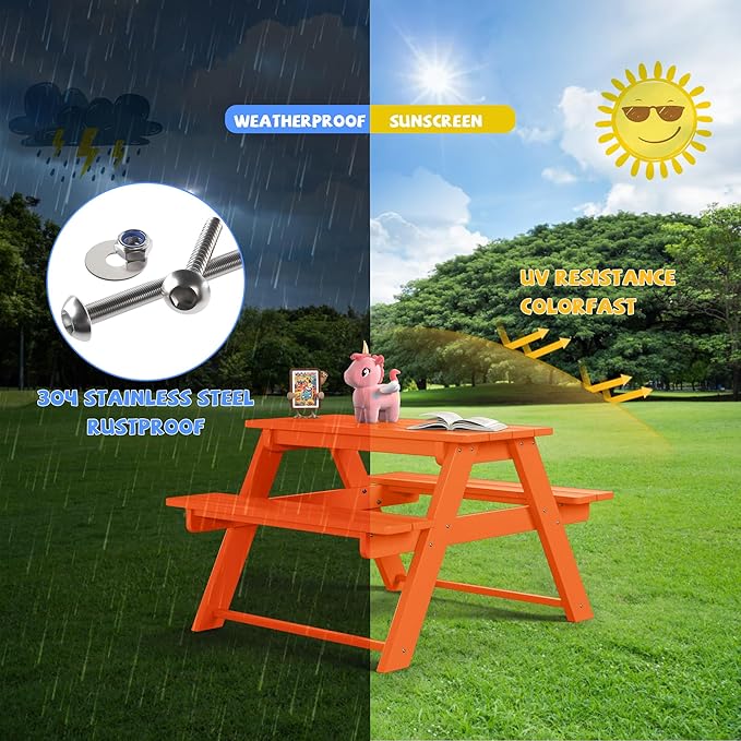 Costaelm Kids Picnic Table, HDPE All Weather Outdoor Toddler Picnic Table and Chair Set Kids Bench for Patio, Backyard, Garden, Lawn, Orange