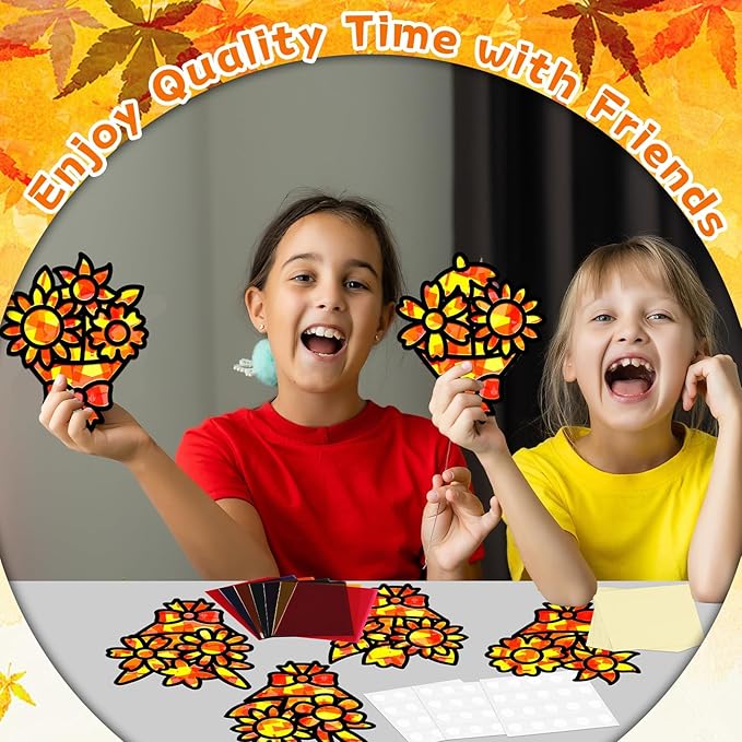 QOUBAI 32 Sets Fall Bouquet Suncatchers Craft Kit DIY Window Stained Glass Effect Autumn Bouquet Paper Crafts Home School Classroom Decoration Kid Birthday Gift Creative Art Project Activity Game