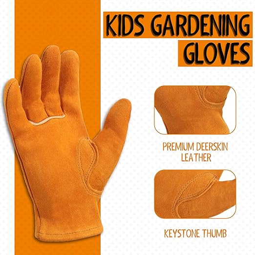 HANDLANDY Kids Genuine Leather Work Gloves for ages 3-11, Children Gardening Gloves for Boys, Girls (Small (for age 2-4), Orange)