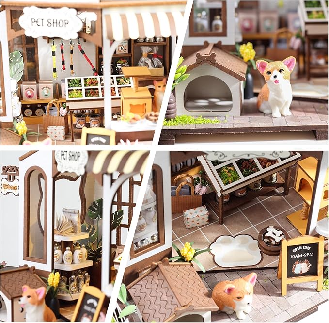 DIY Miniature House Kit,Pet Shop Dollhouse Miniature Kit with LED & Furniture,Mini Diorama House Building Kit for Adults Teens,3D Wooden Crafts Tiny House Mini Model Kit,Home Decor Birthday Gifts
