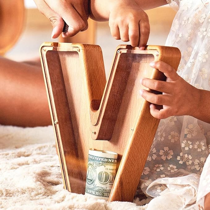 Personalized Wooden Piggy Bank – Custom Letter V Coin Bank in Beech Wood with Clear Acrylic Front, Engraved Name Option, Money Saving Box for Kids and Adults