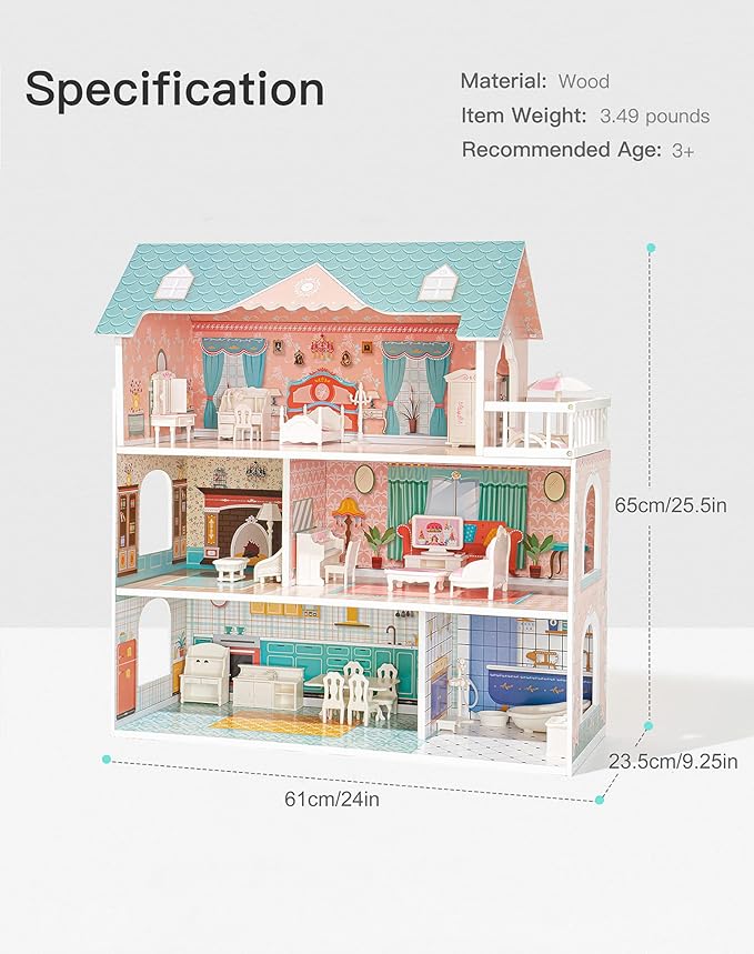 ROBOTIME Doll House Wooden Dollhouse for Kids 3 4 5 6 Years Old, Doll House w/28PCS Furniture Plastic, for 3.3”Dolls, Birthday Presents for Toddler 3+