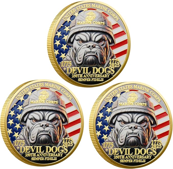 USMC 250th Anniversary Challenge Coin – Double-Sided Marine Corps Commemorative with Bulldog & Iwo Jima – Military Gift for Veterans & Collectors (3PCS)