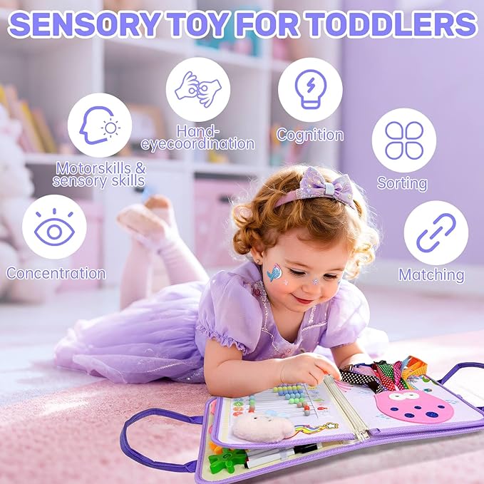 Toddler Busy Board Montessori Toys for Girls Birthday Gift, Sensory Busy Book Educational Learning Activity Board for Toddler Girls, Travel Activities Toys for Airplane Car
