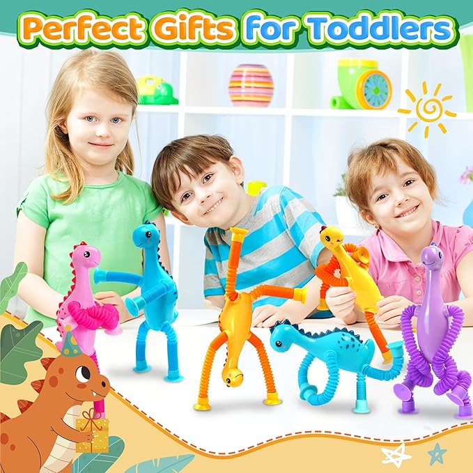 Sensory Travel Toys Chirstmas Stocking Stuffers Gift for Toddlers Kid Boy Year Old Ages 3+ Airplane Activities Suction Autism Pop Tube Fidget Toys Autistic Items Valentine for Kids (8pc-Dinosaur)