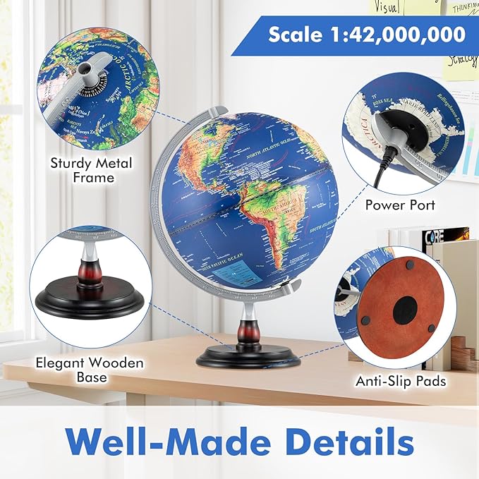 Goplus 12 Inch Illuminated World Globe, Antique Light up Rotating Globe Night Lamp with Wooden Stand, Geography Educational Desktop Decoration for Kids Adults Home Office School (Antique-Navy)