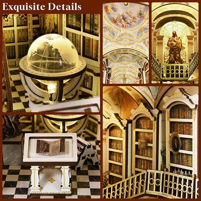 Book Nook Kit, DIY Miniature Dollhouse Booknook Kit, 3D Wooden Puzzle Bookend Bookshelf Insert Decor with LED Light for Teens and Adults (Library of Gods)