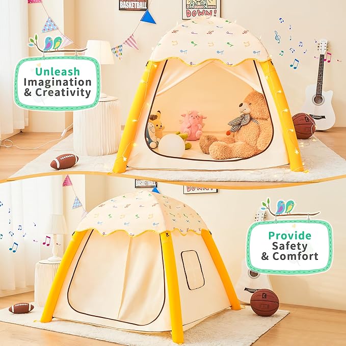 HalloDeer Kids Play Tent with Star Lights, Inflatable Toddler Tent Dome for Boys & Girls, Indoor Kids Tents, Portable for Outdoor, 51x51x43 in, Yellow