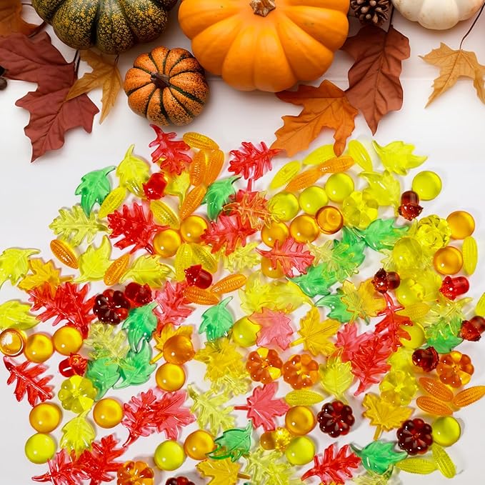 Draupnir Fall vase Filler,162 Pcs Sensory bin Filler Acrylic Pumpkin Leaves Acorn Gems Corn Fall Sensory bin Items for Thanksgiving Home Table Scatters Decoration Thanksgiving Craft Vase Fillers