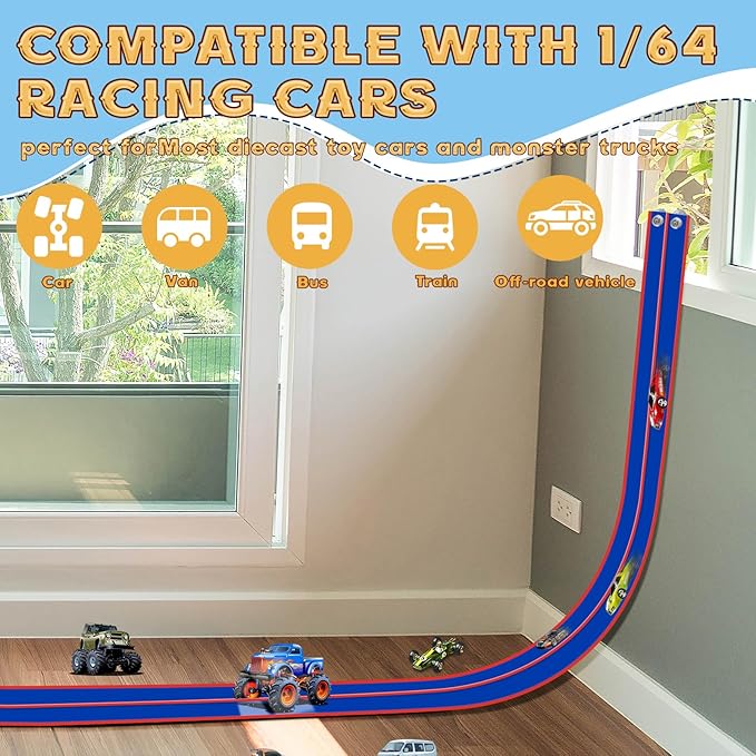 Flex Track 15 Ft Starter Set, Flexible Race Car Ramp Track for Ages 3 & Up with Suction Cups Compatible with Diecast 1/64th Cars (Blue & Red)