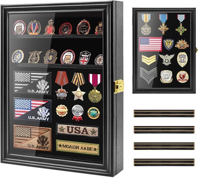 PiaoHao Medals Display Case Wall Frame for Collector, Military Challenge Coins Holder, Pins, Lockable Shadow Box with Removable Shelves, Black