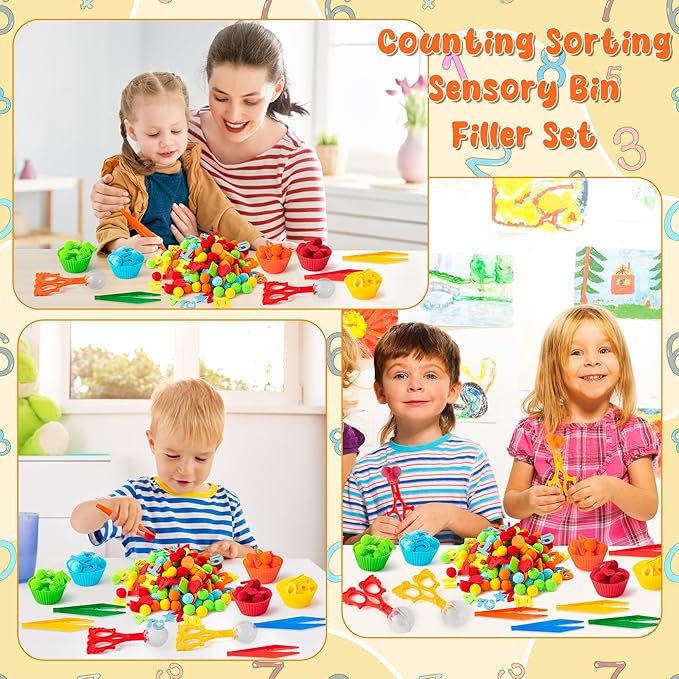 EZdhuawuse Letters Numbers Sensory Bin Fillers - 240Pcs Summer Alphanumeric Fine Motor Skills Toys Color Counting Sorting Set for Kids, Felt Letter Pom Poms Cup Clip for Preschool Education Activities