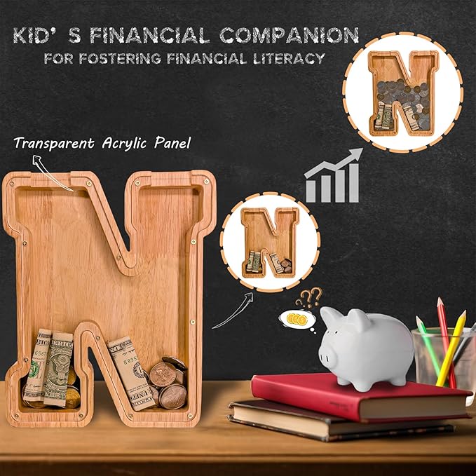 Wooden Letter Piggy Bank for Kids Larger Letter Piggy Bank for Boys and Girls Personalized Piggy Bank Initial Coin Bank Wood Kids Money Bank for Birthday and Festival