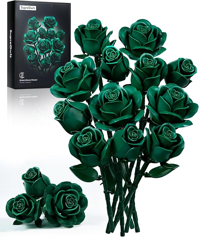 iATOM Green Rose Bouquet Building Set, Artificial Flowers Botanical Collection for Adults, Gift for Valentines Day & Christmas - Retro Home Office Table Centerpiece Decor - IA11018