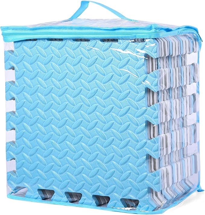 Foam Floor Mats for Kids, 12 x 12 Inch 16 Tiles 0.4" thickness Foam Play Mat, Non-Toxic Square Interlocking Floor Mats Rubber Baby Play Mat for Toddlers(White/Gray/Light Blue)