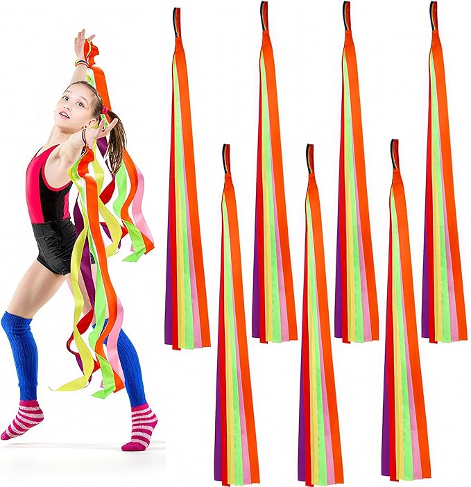 12 Pieces Rainbow Dance Ribbons, Colorful Dancing Rhythm Streamers, Hand Held Gymnastics Ribbons for Gym, Training, Artistic Dancing, Birthday Party Gift Decoration