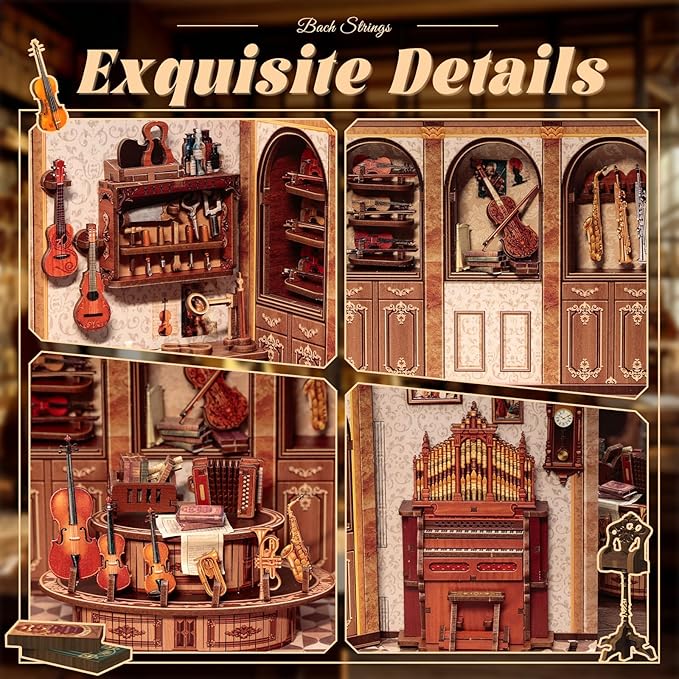 Fsolis Book Nook Kit - DIY Scene Miniature Dollhouse Kit for Adults, Shelf 3D Puzzles 285 pcs, Tiny House Mini Music Shop Model Booknook Craft Bookshelf Decor Gifts for Women (Bach Strings)