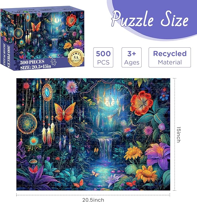 500 Piece Puzzles for Adults, Magical Forest Puzzle 500 Pieces Jigsaw Puzzle for Adult Kids Elderly,Glow Flower Butterfly Adult Jigsaw Puzzle Family Challenging Game Home Decor 20.5x15 in