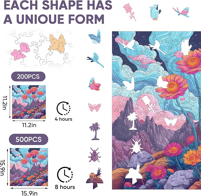 Wooden Jigsaw Puzzles-Hope Flower,200pcs,12.4x11.4in,Medium,Wooden Puzzles for Adults,Unique Shape Animal Adult Puzzles,Irregular Wood Puzzles Best Gift for Adults and Kids Family Gam