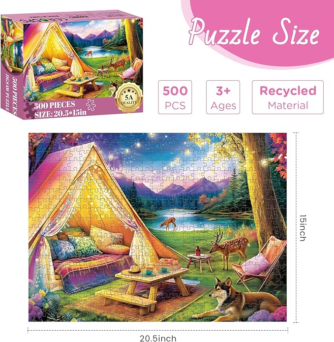 500 Piece Puzzle for Adults, Dreamy Forest Camping Puzzles for Adults Kids Senior, Starry Sky, Lake and Cute Deer Jigsaw Puzzles, Challenging Puzzle Perfect Game Nights for Family Friend 20.5 X 15 in