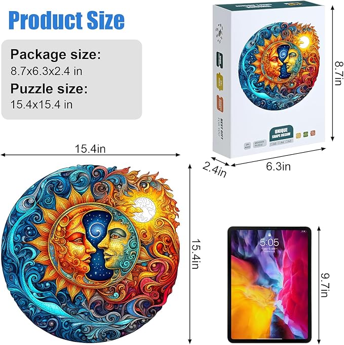 Wooden Jigsaw Puzzle 500 Pieces for Adults - Circular Celestial Sun & Moon Art Puzzle with Intricate Swirl Patterns, Challenging Family Leisure Game, Unique Home Decor & Gift Idea