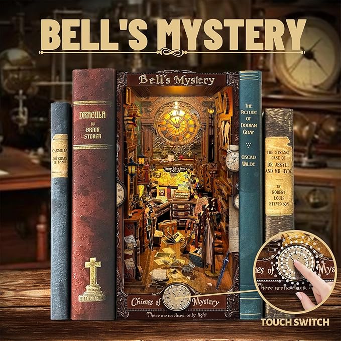 DIY Book Nook Kit, DIY Miniature Dollhouse Kits for Adults and Teens, Book Nook Bookshelf Insert Decor 3D Wooden Puzzle Bookend Miniature Kit with Sensor Light Creative Craft(Bell's Mystery)