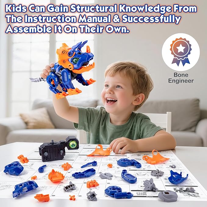 KODATEK Electric Dinosaur Building Blocks, Self-Moving Triceratops with LED Glowing Eyes & Roar Sounds, STEM Learning Toys for Boys 3-5 4-6 4-8 Years, Educational Building Kit Gifts