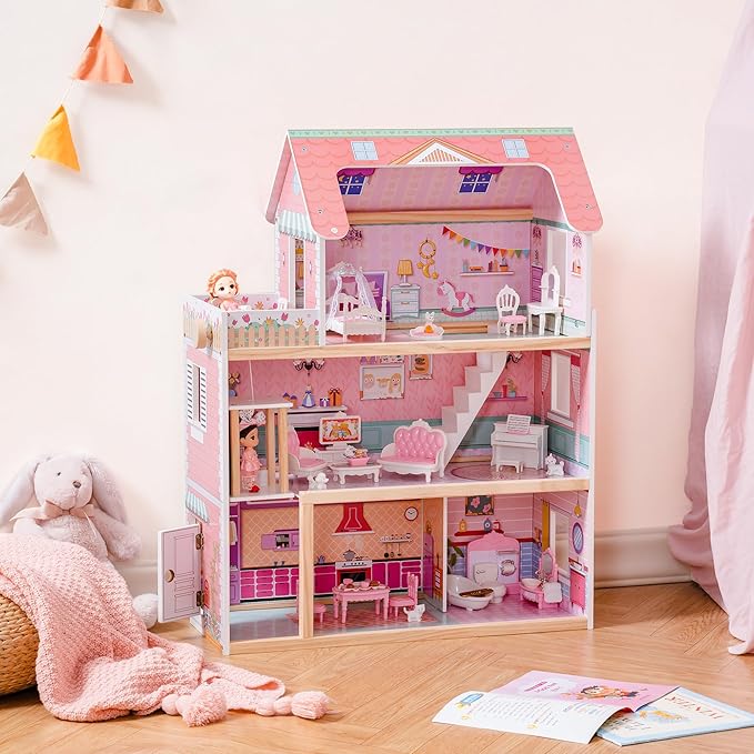 ROBOTIME Wooden Dollhouse, Doll Houses Playset with 24 Pcs Furniture for 4, 5, 6-Inch Dolls, Dollhouse Gift for 3+ Year Old Girls (Pink)