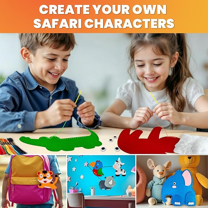 QUOKKA Kids Crafts Ages 4-8, DIY Beginner Needle and Thread Kit - 12 Wild Animals Sewing Kit Basic - Fun Arts Crafts for Kids Ages 6-8 Girls Boys - Plastic Needles, Scissors - 6+ Year Old Girl Gifts