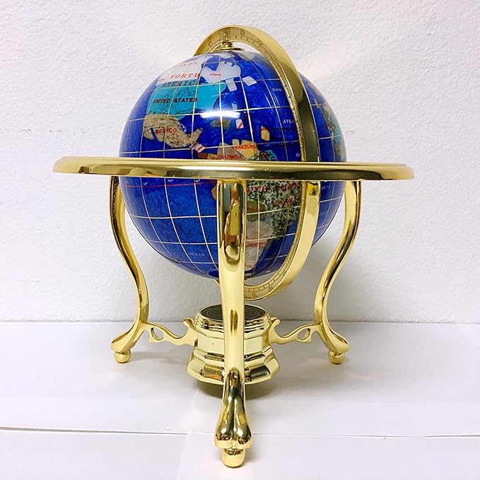 Unique Art 10-Inch Tall Table Top Blue Pearl Swirl Ocean Gemstone World Globe with Gold Tripod Stand (Blue Pearl)