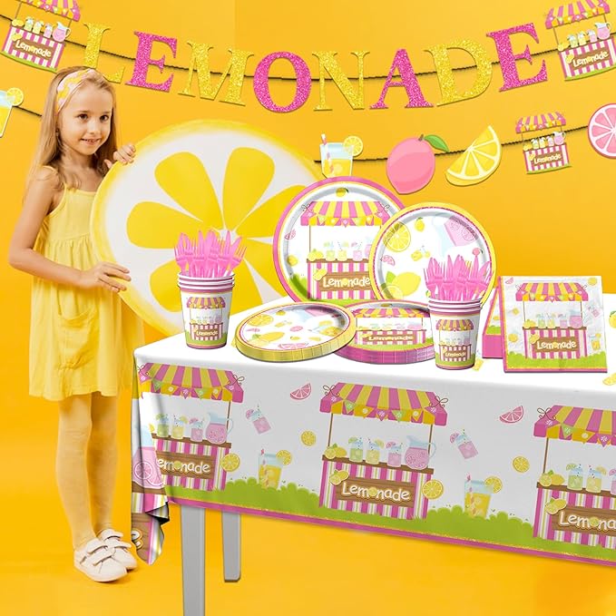 Lemon Party Supplies - 142Pcs Lemonade Party Decorations Tableware Set Includes Lemon Plates,Napkins,Cups,Banner,Lemonade Tablecloth for Lemon themed Birthday Party Baby Shower Party, Serves 20