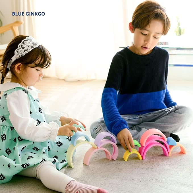 BLUE GINKGO Silicone Stacker - Montessori Rainbow Nesting Puzzle | Kids and Toddler Stacking Toy | 6 Layer Rainbow Puzzle, Sensory Toys - Matte