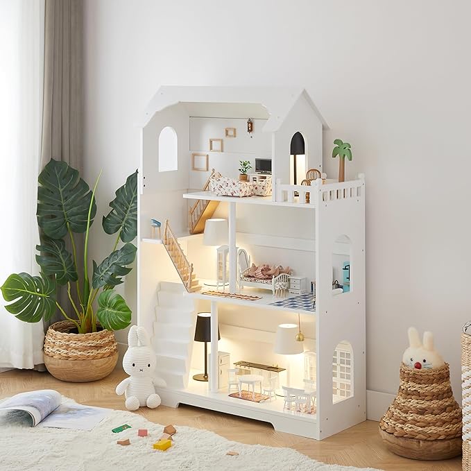 Wooden Dollhouse Bookshelf - Toddler Doll House Bookcase, Extra Space Kids Toy Storage Book Shelf, 3-Tier Children Dollhouse, Pretend Play Toy House, Gift for Girls & Boys Ages 3+